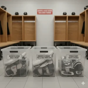 Organized goalie gear bins with bilingual English and French labels for Canadian community rinks.