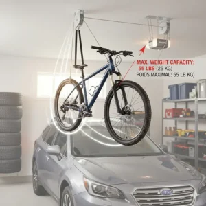 Illustration showing the 55lb weight capacity of a ceiling bike storage pulley system, suitable for heavy Canadian electric bikes and fat bikes.