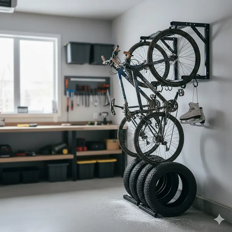 A heavy duty bike storage rack holding mountain bikes in a clean Canadian residential garage during winter.