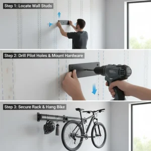 Step-by-step diagram of a heavy duty bike storage rack being secured to wood studs for maximum stability.