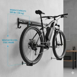 Technical illustration showing a heavy duty bike storage rack supporting a heavy electric bike (e-bike).