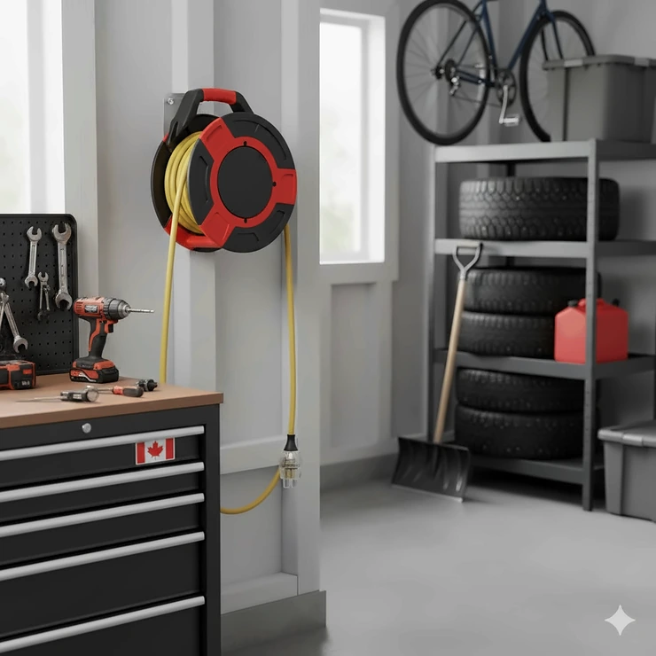 A heavy-duty extension cord reel wall mounted in a tidy Canadian garage next to winter tires. extension cord reel wall mount garage