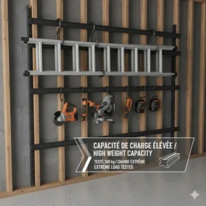 Diagram showing the high weight-bearing capacity of a steel garage wall track system, suitable for hanging heavy ladders and power tools.