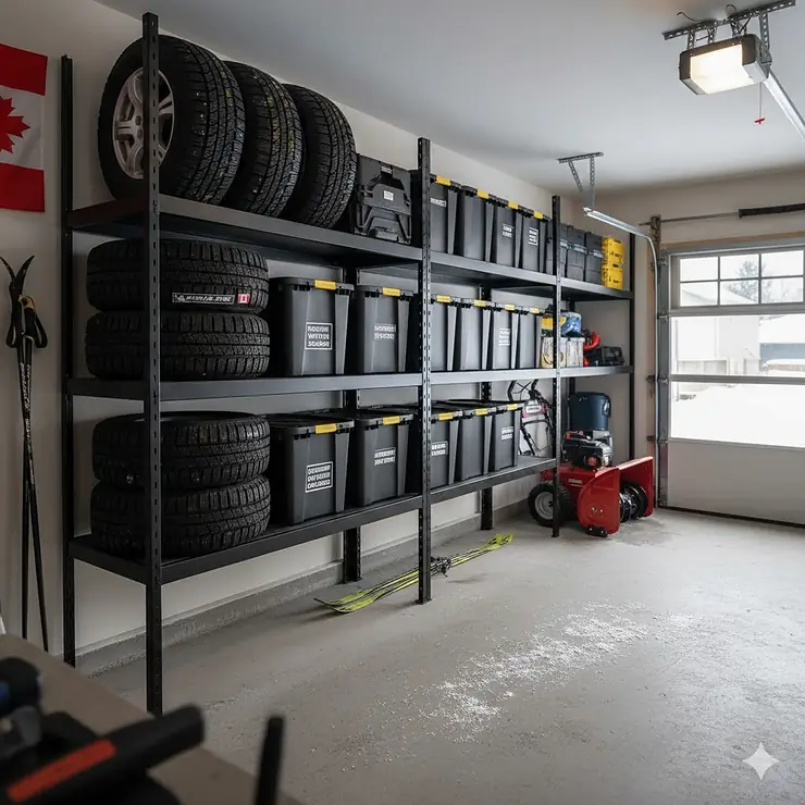 Industrial-strength heavy duty garage wall shelving installed in a clean, organized Canadian garage holding winter gear and storage bins.