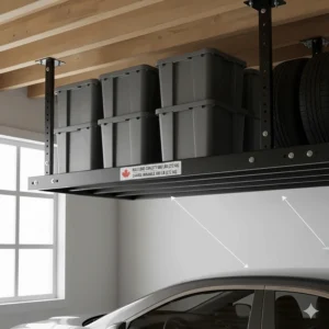 Illustration of heavy-duty overhead garage storage racks showing weight capacity for heavy bins and equipment.