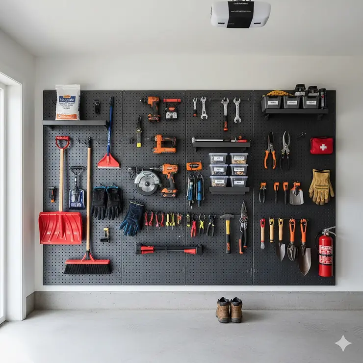 A fully organized heavy-duty steel pegboard system in a Canadian residential garage, featuring winter tools and organized workshop supplies.