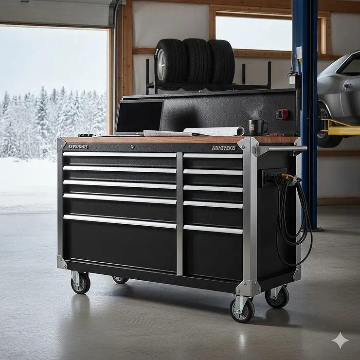 Professional-grade heavy-duty rolling tool chest in a Canadian automotive garage with integrated power strips.
