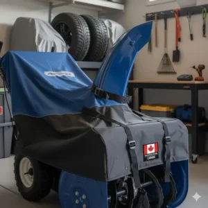An illustration of a waterproof, UV-resistant snow blower cover designed for harsh Canadian winter conditions.