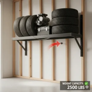 Illustration showing the high weight load capacity of heavy duty garage wall shelving for bulky equipment.