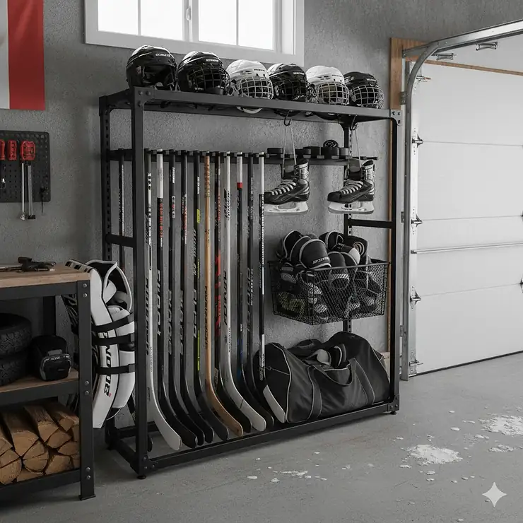 A heavy-duty hockey equipment storage rack organizing sticks, skates, and pads in a Canadian residential garage.