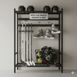 An illustrated hockey equipment storage rack with English and French labeling for Canadian players.