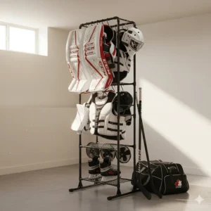 Vertical goalie gear drying tower to prevent moisture buildup, an essential storage solution for active players.