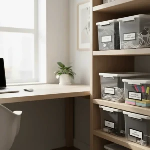 Clear storage bins with lids organizing computer cables and office supplies in a minimalist Vancouver-style home office.