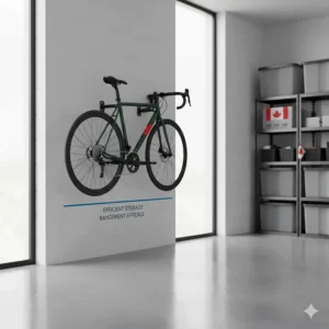 A sleek horizontal bike wall mount in a garage setting, displaying a high-end gravel bike with Canadian maple leaf decals.