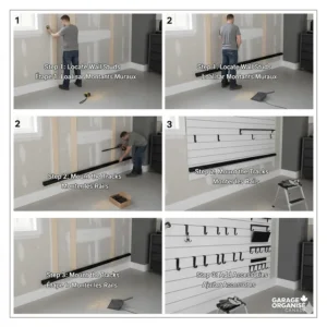 Step-by-step guide illustrating the installation of a garage wall track system onto standard wooden wall studs.