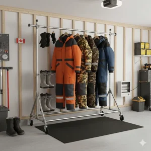 A passenger in a car comfortably wrapped in a grey fleece battery powered heated blanket during a snowy cross-Canada road trip.