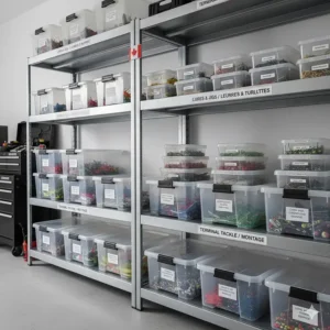 A battery powered heated blanket folded neatly inside a Canadian winter car emergency kit alongside a snow brush and first aid.