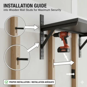 Diagram showing proper installation of heavy duty garage wall shelving into wooden wall studs for maximum security.