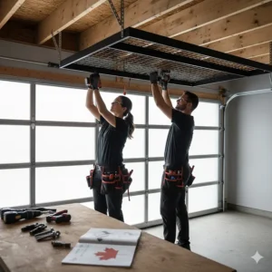 A professional installation of overhead garage storage racks onto wooden ceiling joists in a typical Canadian suburban home.
