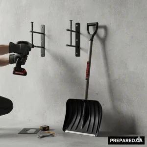 Installing a snow shovel holder wall mount onto a concrete garage wall with heavy-duty anchors.