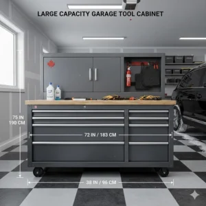 Diagram showing the height and width dimensions of a multi-drawer garage tool cabinet for workshop planning.