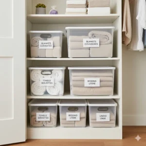 Neatly organized linen closet featuring clear storage bins with lids for towels and bedding in a classic Canadian suburban home.