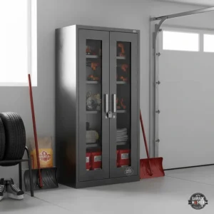 Secure lockable metal storage cabinet garage for safely storing power tools and hazardous materials.