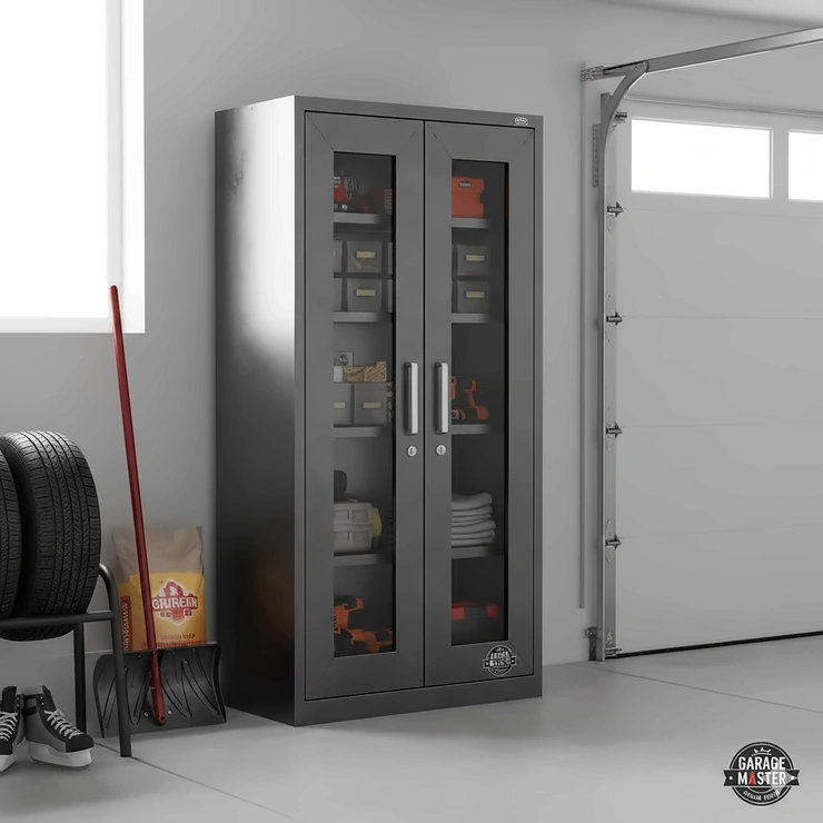 Heavy-duty metal storage cabinet in a modern Canadian garage with organized winter gear and tools.
