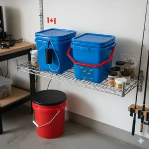 Close-up of the control interface and battery pack of a premium battery powered heated blanket in a rustic Muskoka cottage setting.