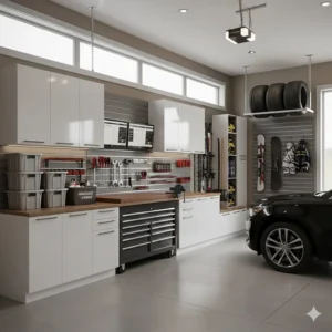 Modular garage storage system with a built-in workbench and tool drawers for home DIY projects and repairs.