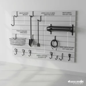Graphic displaying various hooks and baskets for a garage wall track system with English and French labels for Storage and Entreposage.