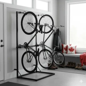 Floor-to-ceiling heavy duty bike storage rack holding four adult and youth bicycles for a Canadian family.
