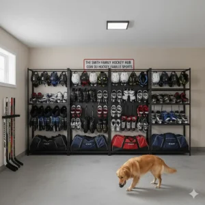 Illustration of a large hockey equipment storage rack holding multiple bags and sets of pads for a Canadian family.