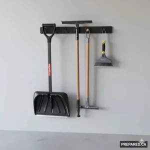 Multi-tool wall rack holding a wide pusher shovel and an ice scraper for Canadian winters.