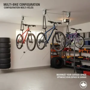Top-down layout view of three ceiling bike storage pulley systems installed in a row to organize a family's bicycle collection.