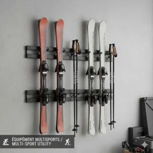 Versatile garage ski storage rack holding both alpine and cross-country skis for year-round organization.