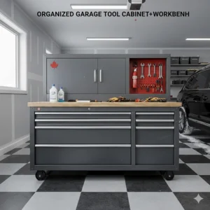 A combined garage tool cabinet and workbench unit featuring a pegboard backsplash for organized DIY projects.