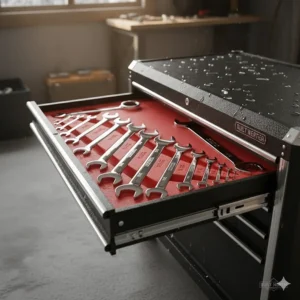Interior view of a rolling tool chest with foam inserts and organized wrenches for Canadian DIY enthusiasts.