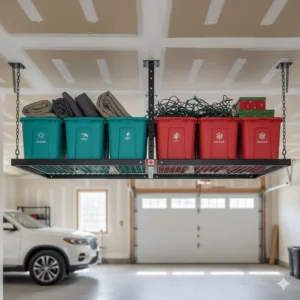 Color-coded bins on overhead garage storage racks containing summer patio cushions and winter holiday decorations.