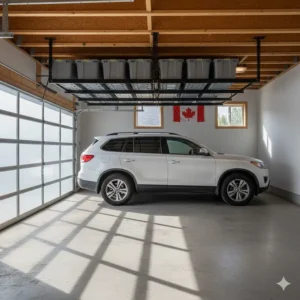 Wide-angle view of overhead garage storage racks providing enough clearance for an SUV to park underneath.