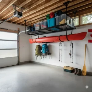 Overhead garage storage racks used to store camping gear and kayaks, keeping adventure equipment off the floor.