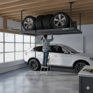 Ceiling-mounted overhead garage storage racks safely holding a set of Canadian winter tires and rims.