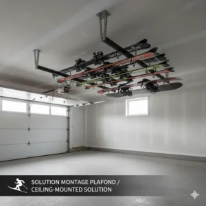 Ceiling-mounted ski storage rack in a garage, ideal for keeping winter sports equipment out of the way.