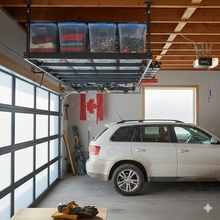 Heavy-duty overhead garage storage racks installed in a modern Canadian garage, maximizing vertical space for seasonal gear.