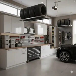Heavy-duty overhead garage storage system used for seasonal winter tire storage in a Canadian residential garage.