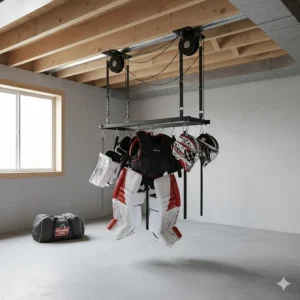 Space-saving overhead goalie equipment storage solutions for high-ceiling Canadian basements.