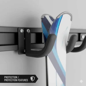 Close-up of rubber-coated hooks on a ski storage rack for garage to protect ski edges and surfaces.