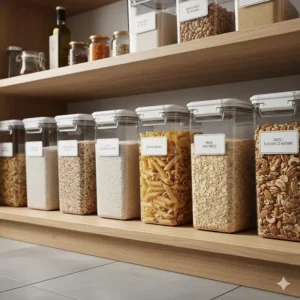 Illustration of a modern kitchen pantry with clear storage bins with lids for bulk dry goods, featuring bilingual labels in English and French.