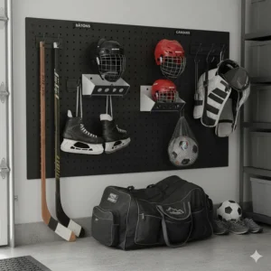 Wall-mounted pegboard system in a garage organizing hockey sticks, skates, and helmets for a Canadian family.