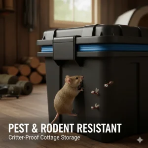 Heavy-duty weatherproof storage bins with secure latches to protect contents from rodents and insects.